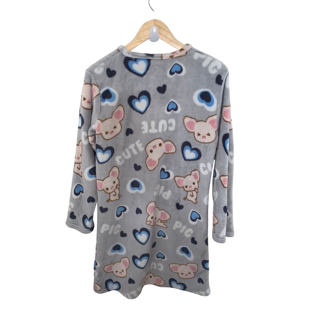 Gray Fleece Pig Heart Print Long Sleeve Nightgown Sleep Shirt with Pocket